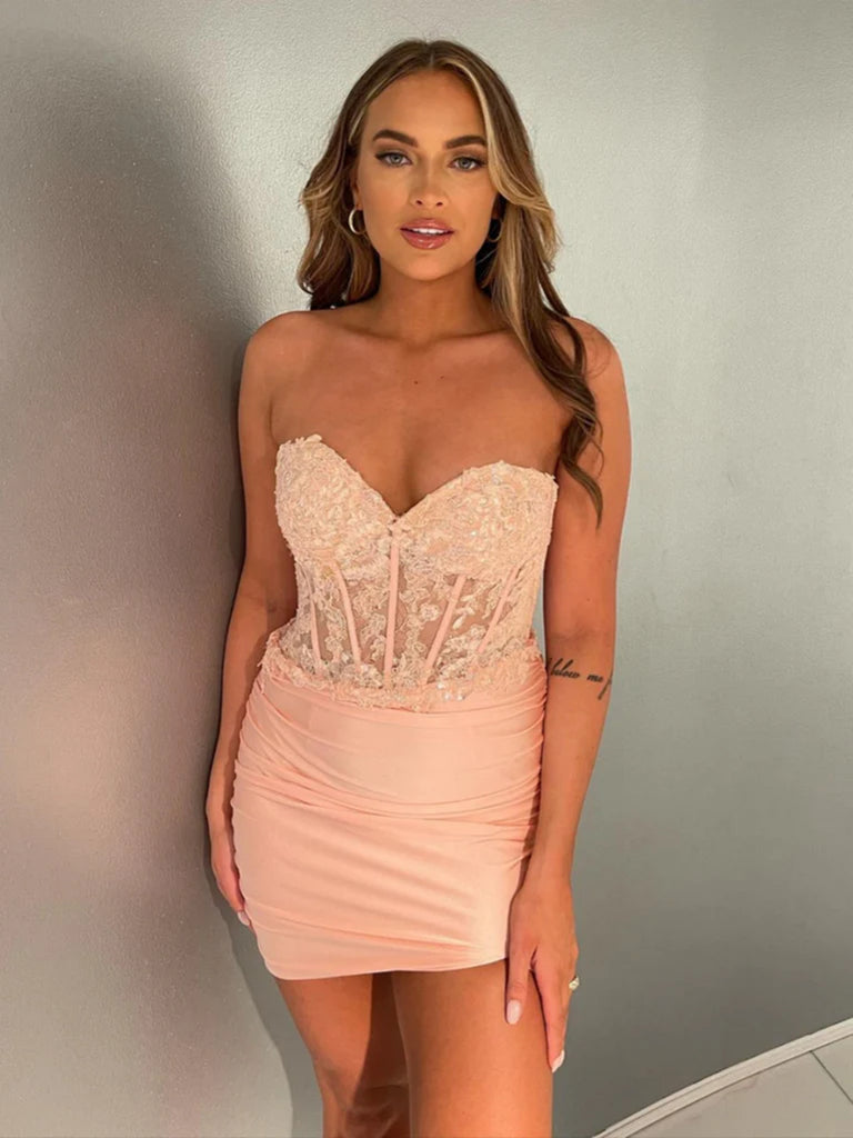 Strapless Pink Short Lace Prom Dresses, Strapless Short Pink Lace Formal Evening Graduation Dresses