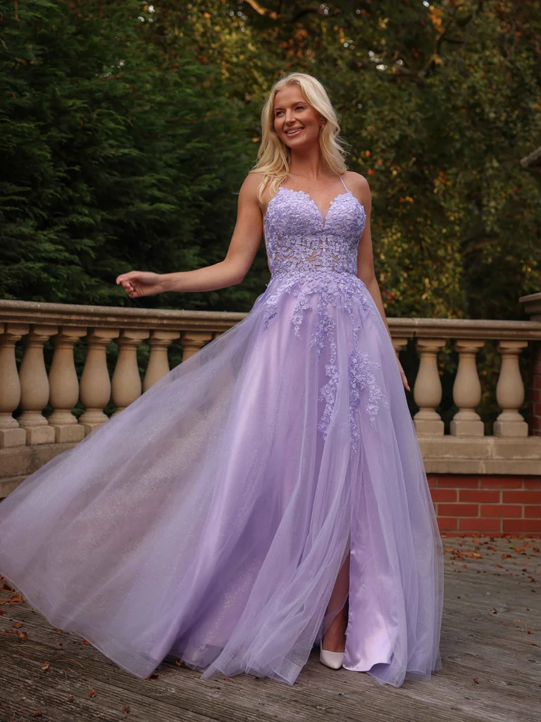 A Line V Neck Lilac Lace Long Prom Dresses with Slit, Lilac Lace Formal Evening Dresses