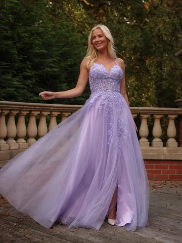 A Line V Neck Lilac Lace Long Prom Dresses with Slit, Lilac Lace Formal Evening Dresses