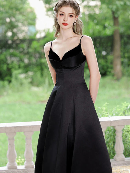 A Line V Neck Tea Length Satin Black Prom Dresses,  A Line V Neck Tea Length Satin Black Formal Evening Homecoming Dresses