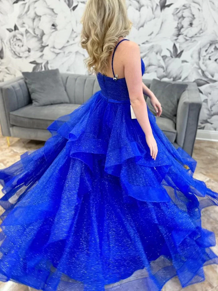 Shiny V Neck Blue Tulle Long Prom Dresses, Fluffy Blue V Neck Formal Evening Dresses