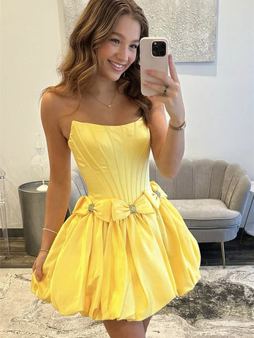 A Line Yellow Strapless Satin Short Prom Dresses, Lovely A Line  Formal Evening Dresses
