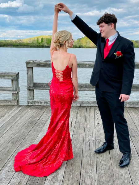 Open Back V Neck Red Lace Sequins Long Prom Dresses, Sequins Red Lace Formal Evening Dresses with Leg Slit