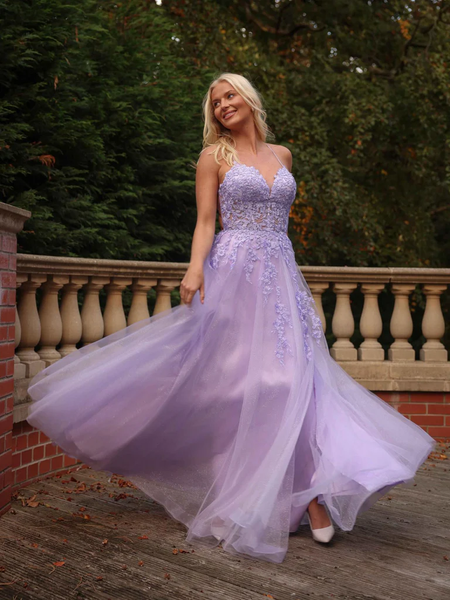 A Line V Neck Lilac Lace Long Prom Dresses with Slit, Lilac Lace Formal Evening Dresses