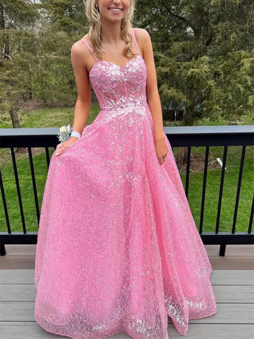 A Line Spaghetti Straps Sweetheart Neck Pink Lace Long Prom Dresses, Pink Lace Formal Evening Dresses