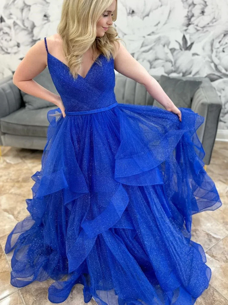 Shiny V Neck Blue Tulle Long Prom Dresses, Fluffy Blue V Neck Formal Evening Dresses