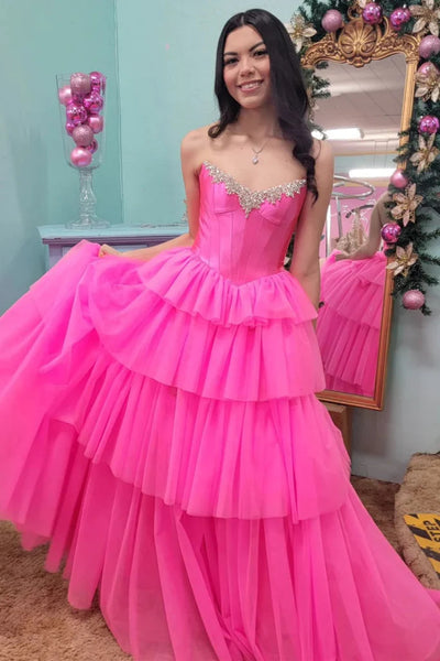 Strapless Beaded Layered Hot Pink Long Prom Dresses with High Slit, Hot Pink Tulle Long Formal Evening Dresses