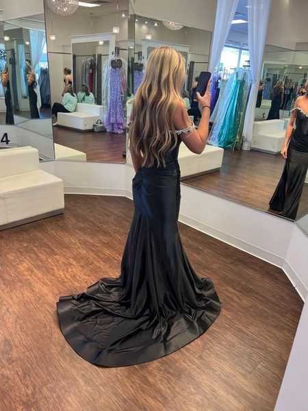 Off the Shoulder Mermaid Beaded Black Satin Long Prom Dresses with Side Slit, Off Shoulder Mermaid Beaded Black Satin Long Formal Evening Dresses