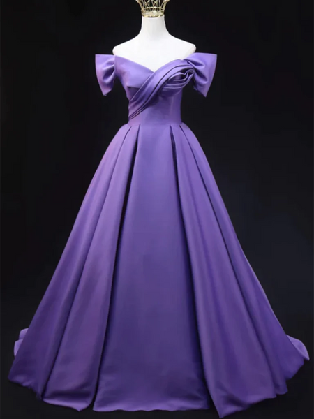 Off Shoulder Purple Satin Long Prom Dresses, Off the Shoulder Purple Satin Long Formal Evening Dresses