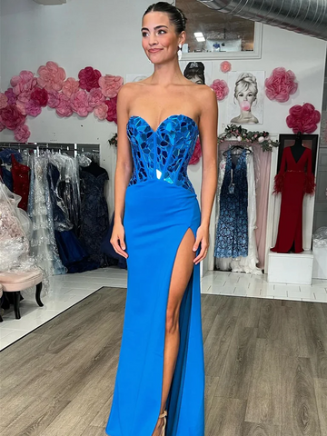 Strapless Blue Red Mermaid Long Prom Dresses, Blue Red Mermaid Long Formal Evening Dresses