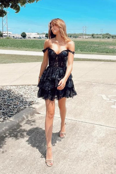 Shiny Off Shoulder Black Lace Short Prom Dresses, Shiny Off The Shoulder Black Lace Short Formal Graduation Evening Dresses