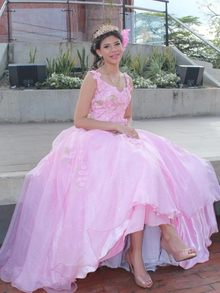 A Line V Neck Open Back Pink Lace Long Prom Dresses, Pink Lace Formal Evening Dresses
