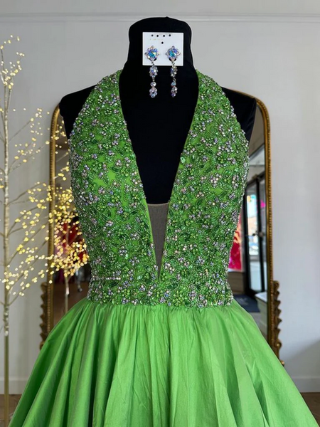 Halter V Neck Backless Beaded Green Long Prom Dresses with Sequins, Green Satin Long Formal Graduation Evening Dresses