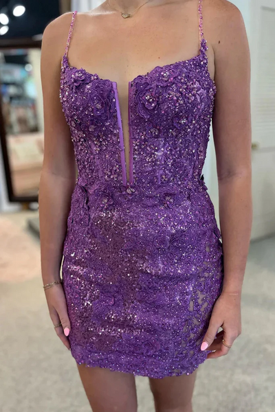 V Neck Sequins Backless Purple Lace Prom Dresses, Sequins Purple Lace Short Formal Evening Homecoming Dresses