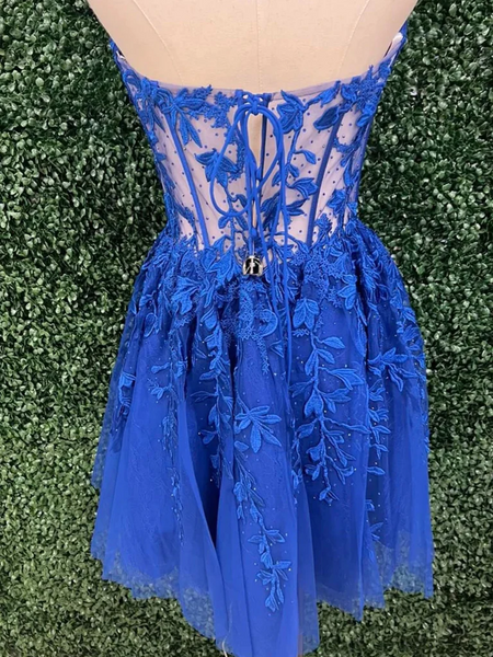 Strapless Blue/Pink Lace Short Prom Dresses, Strapless Blue/Pink Lace Short Formal Evening Homecoming Dresses