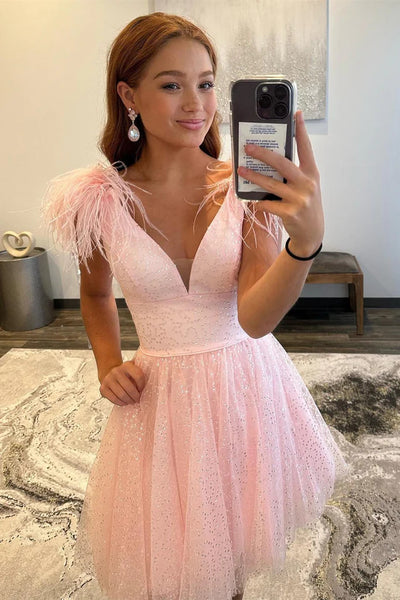 Open Back V Neck Short Pink Prom Dresses With Feathers, Pink Short Formal Graduation Evening Homecoming Dresses