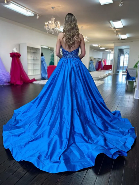 Halter V Neck Backless Blue Long Prom Dresses, V Neck Open Back Blue Formal Graduation Evening Dresses