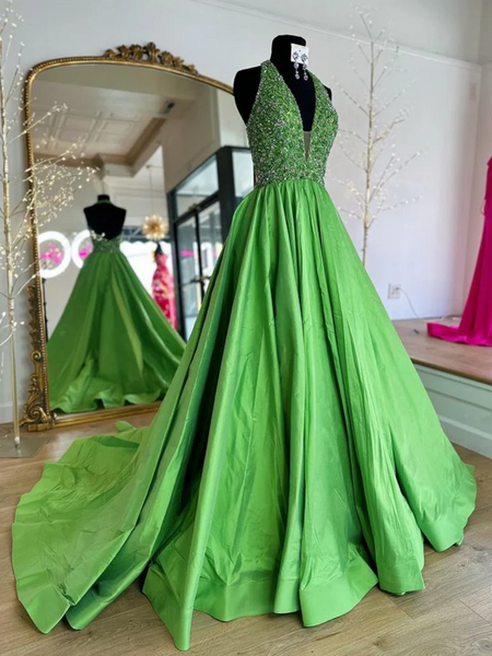 Halter V Neck Backless Beaded Green Long Prom Dresses with Sequins, Green Satin Long Formal Graduation Evening Dresses