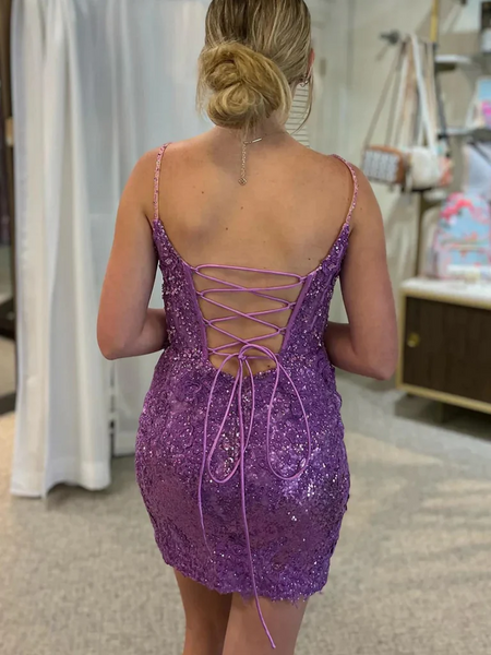 V Neck Sequins Backless Purple Lace Prom Dresses, Sequins Purple Lace Short Formal Evening Homecoming Dresses