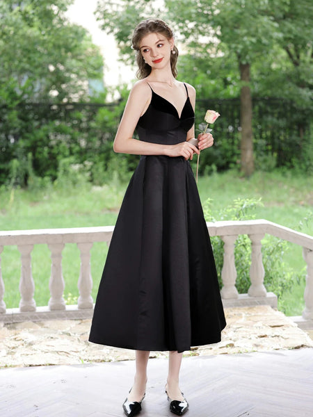 A Line V Neck Tea Length Satin Black Prom Dresses,  A Line V Neck Tea Length Satin Black Formal Evening Homecoming Dresses