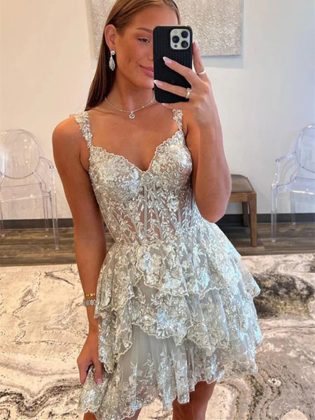 Off the Shoulder Silver Lace Short Prom Dresses, Fashion Silver Lace Layered Formal Evening Homecoming Dresses