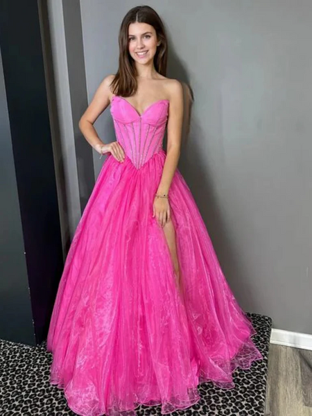 Strapless Hot Pink Tulle Long Prom Dresses with High Slit, A Line Long Hot Pink Formal  Evening Graduation Dresses