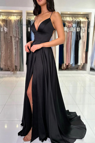 V Neck Backless Black Satin Long Prom Dresses, V Neck Backless Black Satin Long Evening Party Dresses