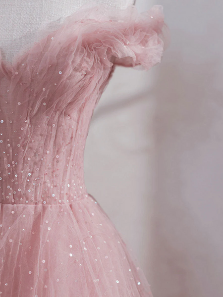 Off Shoulder Sequin Pink Tulle Long Prom Dresses, Pink Off The Shoulder Formal Evening Dresses