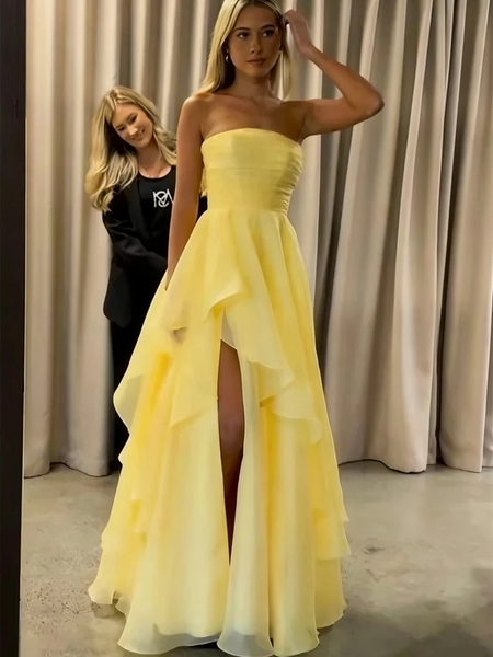 Strapless Yellow Organza Prom Dresses, Strapless Pleated Layered Yellow Organza Formal Evening Dresses