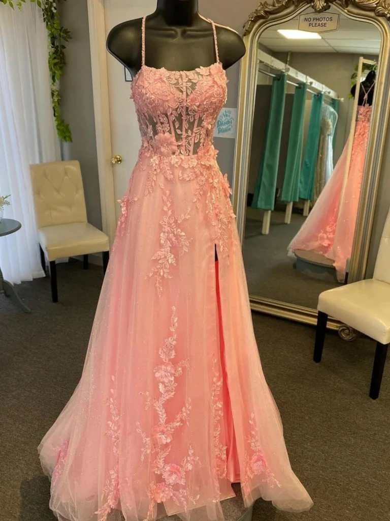A Line Open Back Pink Lace Long Prom Dresses with High Slit, Pink Backless Lace Formal Evening Dresses with Appliques
