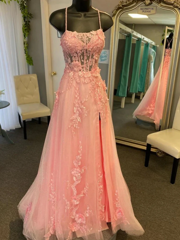 A Line Open Back Pink Lace Long Prom Dresses with High Slit, Pink Backless Lace Formal Evening Dresses with Appliques