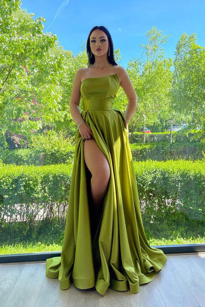 Strapless Green Satin Long Prom Dresses with High Slit,  Green Satin Long Formal Graduation Evening Dresses