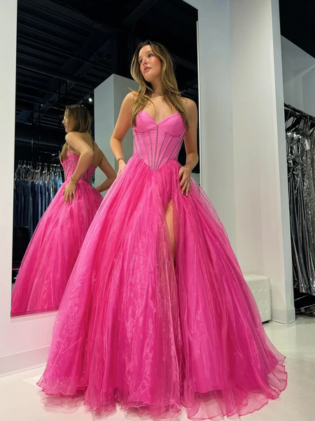 Strapless Hot Pink Tulle Long Prom Dresses with High Slit, A Line Long Hot Pink Formal  Evening Graduation Dresses