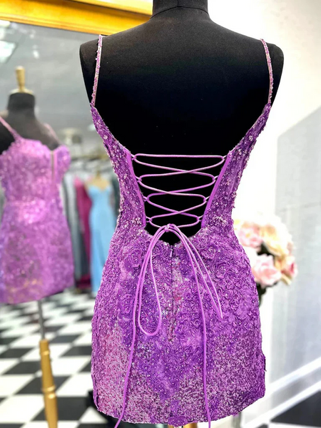 V Neck Sequins Backless Purple Lace Prom Dresses, Sequins Purple Lace Short Formal Evening Homecoming Dresses