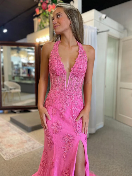 Halter Neck Hot Pink Mermaid Lace Prom Dresses, Mermaid Hot Pink Lace Formal Evening Dresses