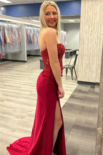 Sweetheart Neck Wine Red Long Lace Mermaid Prom Dresses, Burgundy  Lace Mermaid Long Formal Evening Dresses