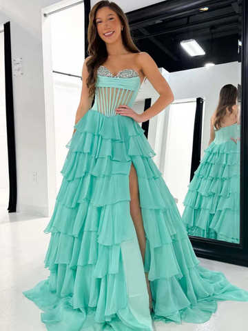 Strapless Beaded Green Sheer Layered Long Prom Dresses, Sheer Green Layered Formal Evening Dresses
