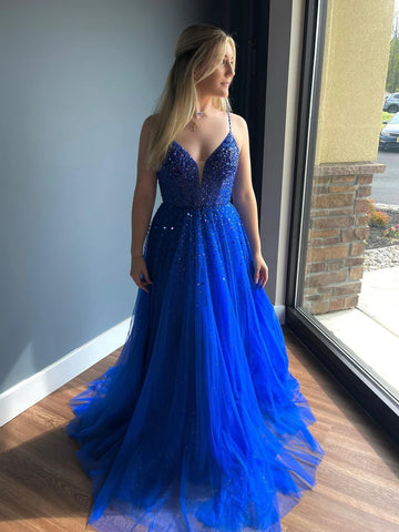 V Neck Open Back Beaded Blue Prom Dresses Long, Blue Formal Graduation Evening Dresses with Beadings