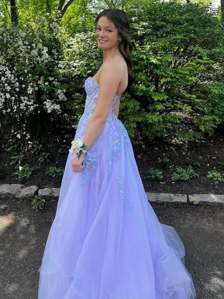 A Line V Neck Strapless Purple Lace Long Prom Dresses with High Slit, Purple Lace Formal  Evening Graduation Dresses