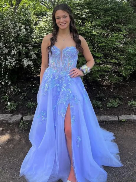 A Line V Neck Strapless Purple Lace Long Prom Dresses with High Slit, Purple Lace Formal  Evening Graduation Dresses