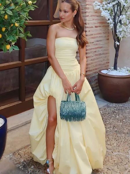 High Low Yellow Satin Long Prom Dresses, High Low Yellow Satin Formal Evening Dresses