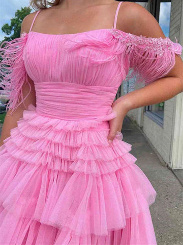 A Line Off  Shoulder Layered Hot Pink Short Prom Dresses, Off The Shoulder Hot Pink Tulle Formal Evening Homecoming Dresses