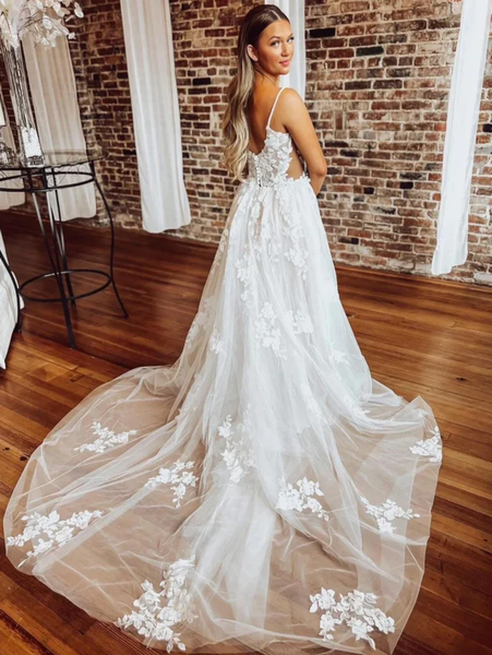 A Line White Lace Wedding Bridal  Dresses,  Open Back White Lace Prom Dresses