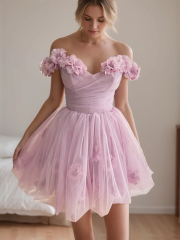Off the Shouler Pink Purple Floral Short Prom Dresses with 3D Flowers, Short Pink Purple Homecoming Formal Evening Dresses