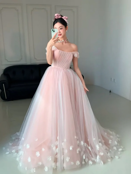 Off the Shoulder Pink Flower Long Prom Dresses, Off Shoulder Pink Floral Long Formal Evening Dresses