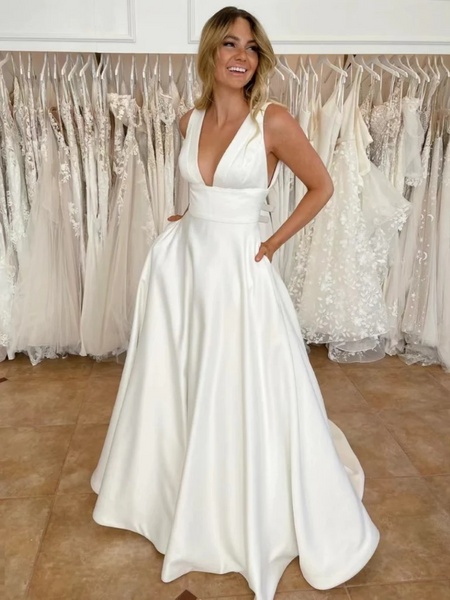 A Line V Neck White Satin Long Prom Dresses, V Neck White Formal  Evening Graduation Dresses