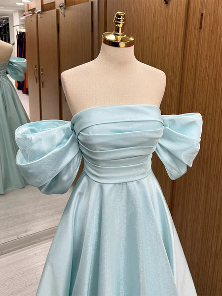 A Line Off Shoulder Satin Blue Long Prom Dresses, Off The Shoulder Blue Satin Long Formal Evening Dresses