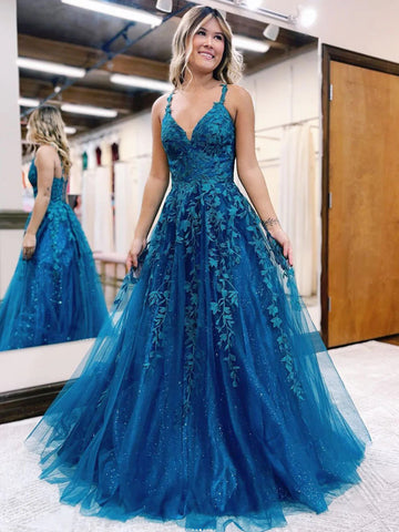 A Line V Neck Blue Lace Long Prom Dresses, Blue Tulle Lace Formal  Evening Dresses