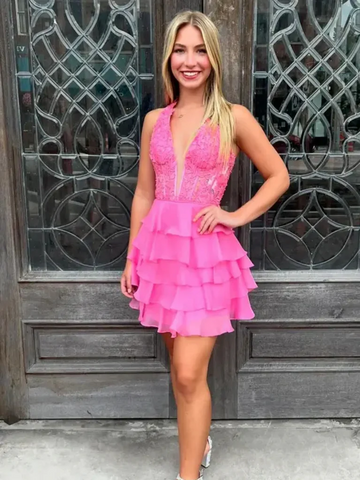 Halter Neck Short Hot Pink Lace Prom Dresses, Halter Neck Short Pink Lace Formal Evening Graduation Dresses