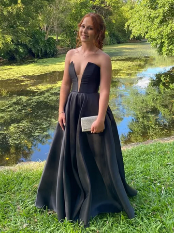 A Line Strapless V Neck Black Satin Long Prom Dresses with High Slit, V Neck Black Formal Evening Dresses